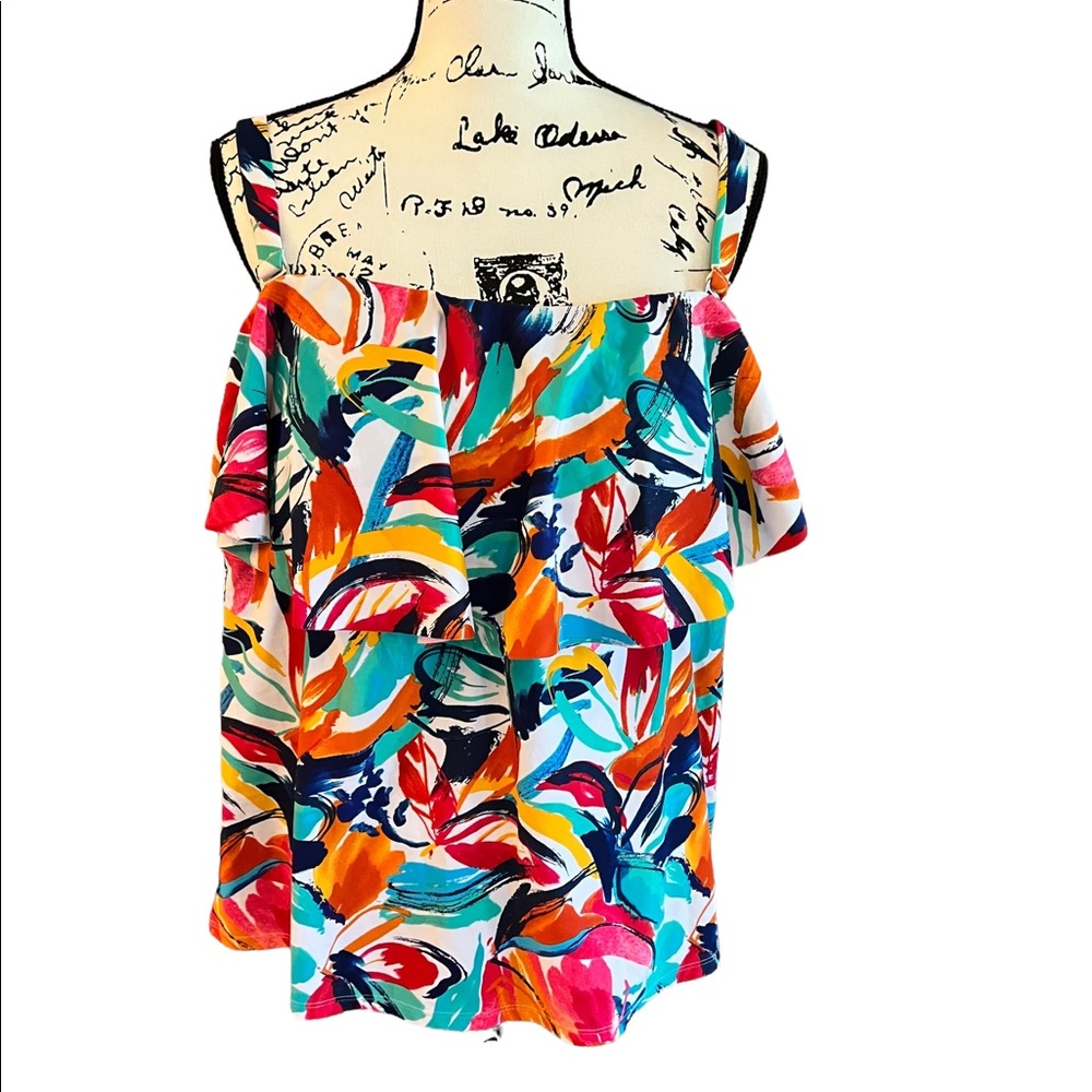 Multicolor Tropical Ruffle Off-Shoulder Swim Top